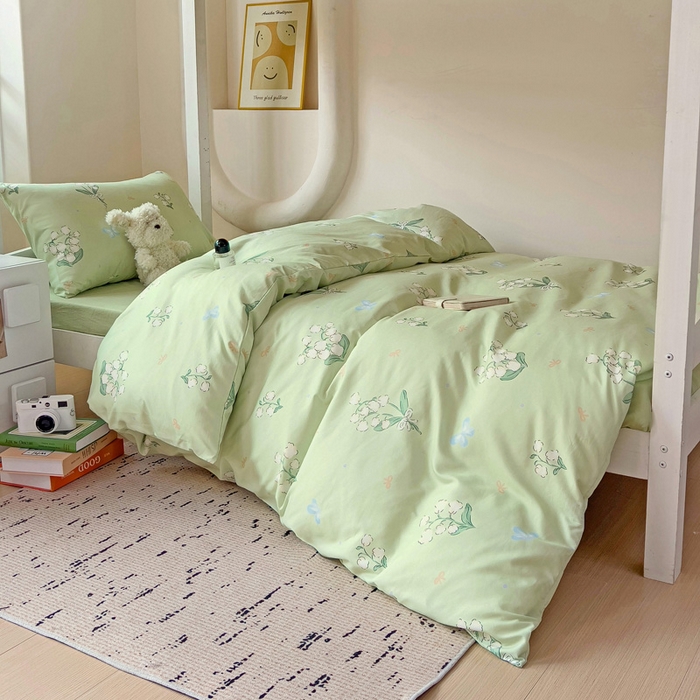 91家纺网 家纺一手货源 找家纺 海岛哥哥 2025新款云朵水洗棉学生床宿舍上下铺三件套 铃兰花