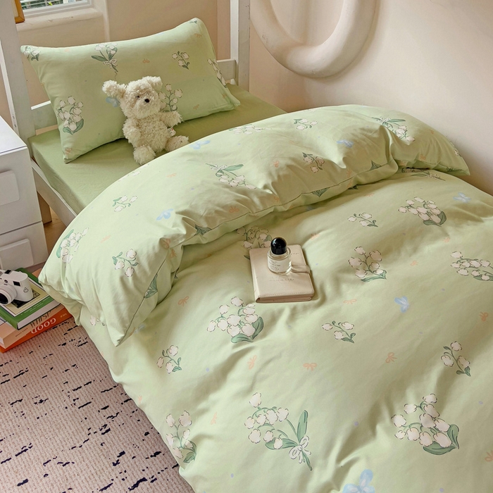 91家纺网 家纺一手货源 找家纺 海岛哥哥 2025新款云朵水洗棉学生床宿舍上下铺三件套 铃兰花