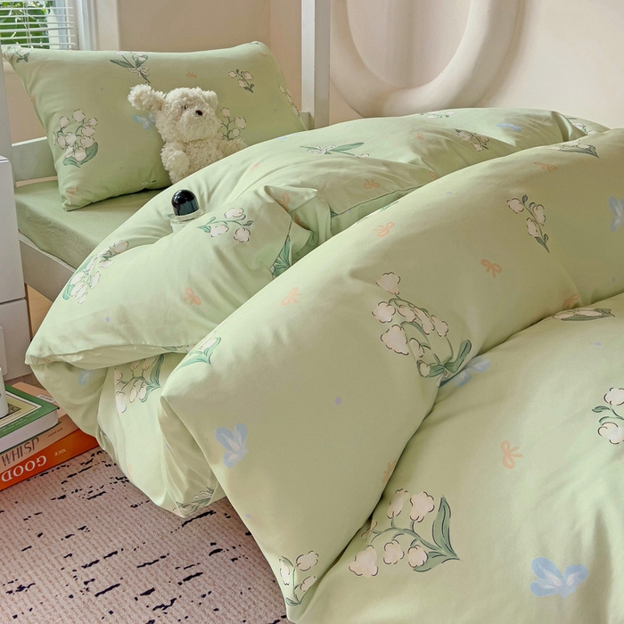 91家纺网 家纺一手货源 找家纺 海岛哥哥 2025新款云朵水洗棉学生床宿舍上下铺三件套 铃兰花