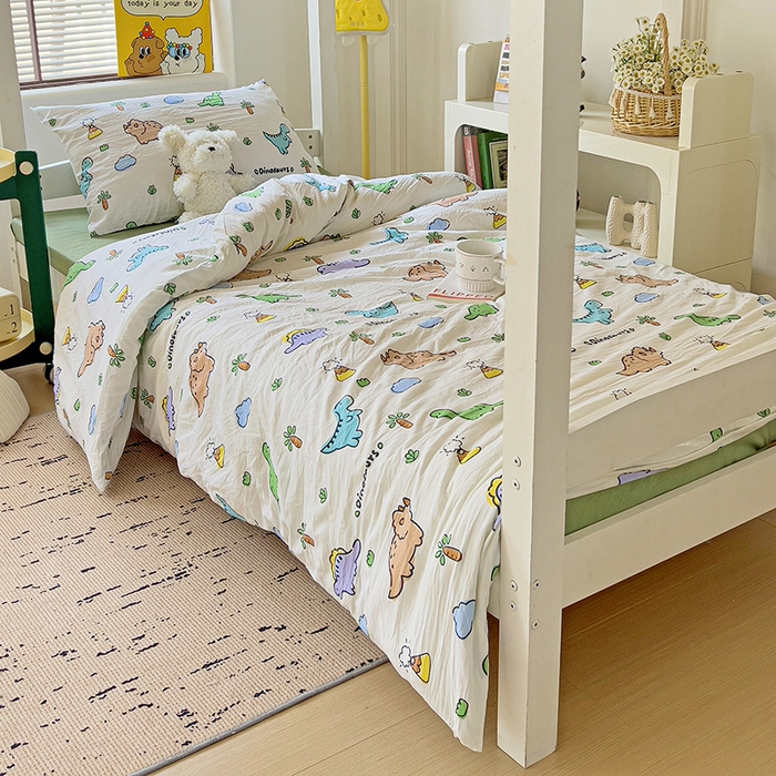 91家纺网 家纺一手货源 找家纺 海岛哥哥 2025新款云朵水洗棉学生床宿舍上下铺三件套 萌趣恐龙