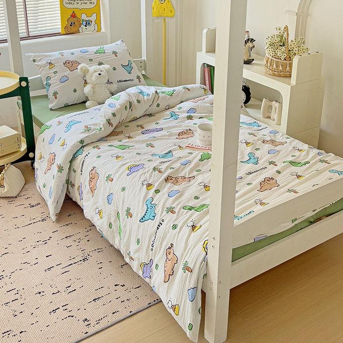 91家纺网 家纺一手货源 找家纺 海岛哥哥 2025新款云朵水洗棉学生床宿舍上下铺三件套 萌趣恐龙