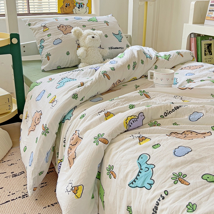 91家纺网 家纺一手货源 找家纺 海岛哥哥 2025新款云朵水洗棉学生床宿舍上下铺三件套 萌趣恐龙