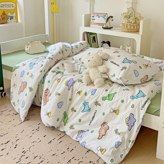 91家纺网 家纺一手货源 找家纺 海岛哥哥 2025新款云朵水洗棉学生床宿舍上下铺三件套 萌趣恐龙