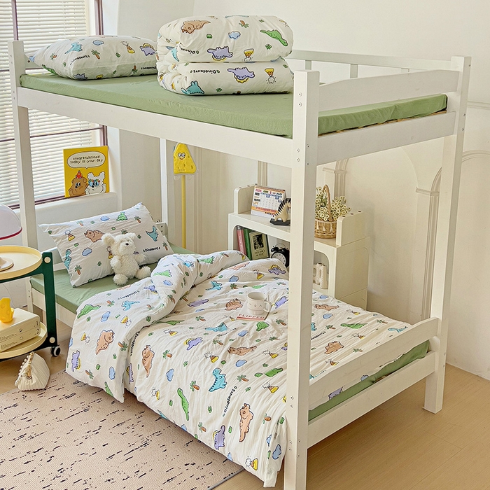 91家纺网 家纺一手货源 找家纺 海岛哥哥 2025新款云朵水洗棉学生床宿舍上下铺三件套 萌趣恐龙