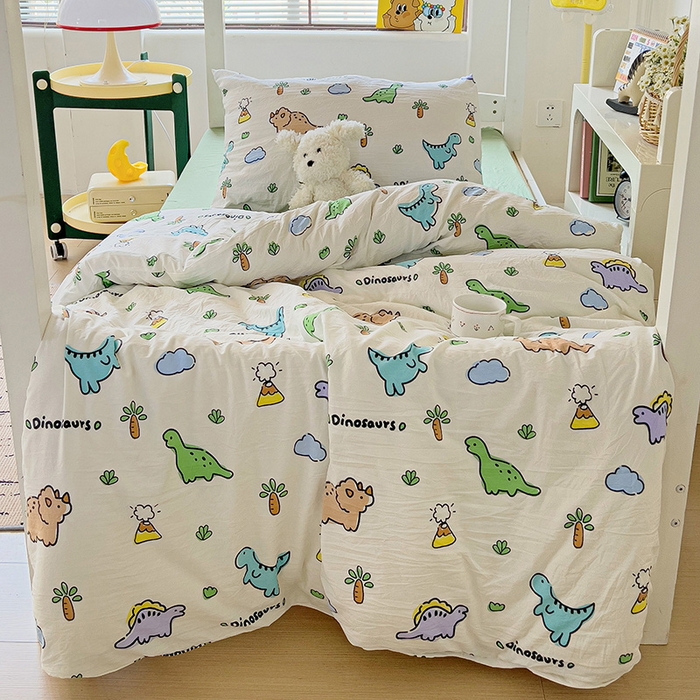 91家纺网 家纺一手货源 找家纺 海岛哥哥 2025新款云朵水洗棉学生床宿舍上下铺三件套 萌趣恐龙