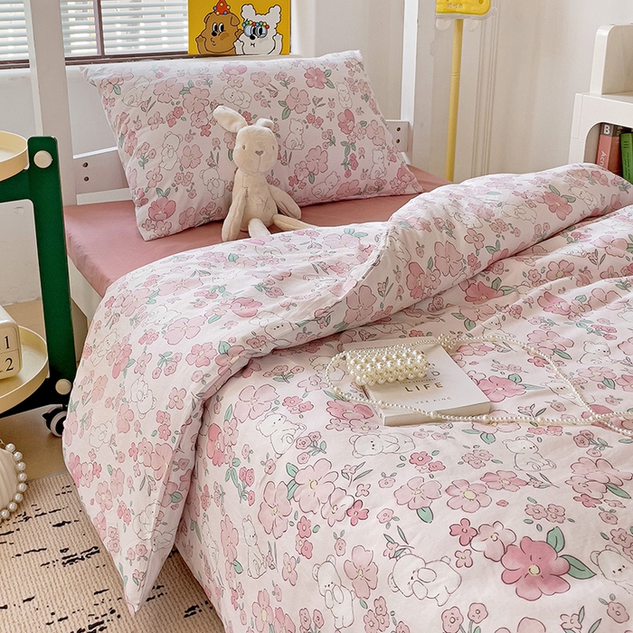 91家纺网 家纺一手货源 找家纺 海岛哥哥 2025新款云朵水洗棉学生床宿舍上下铺三件套 乖粉熊