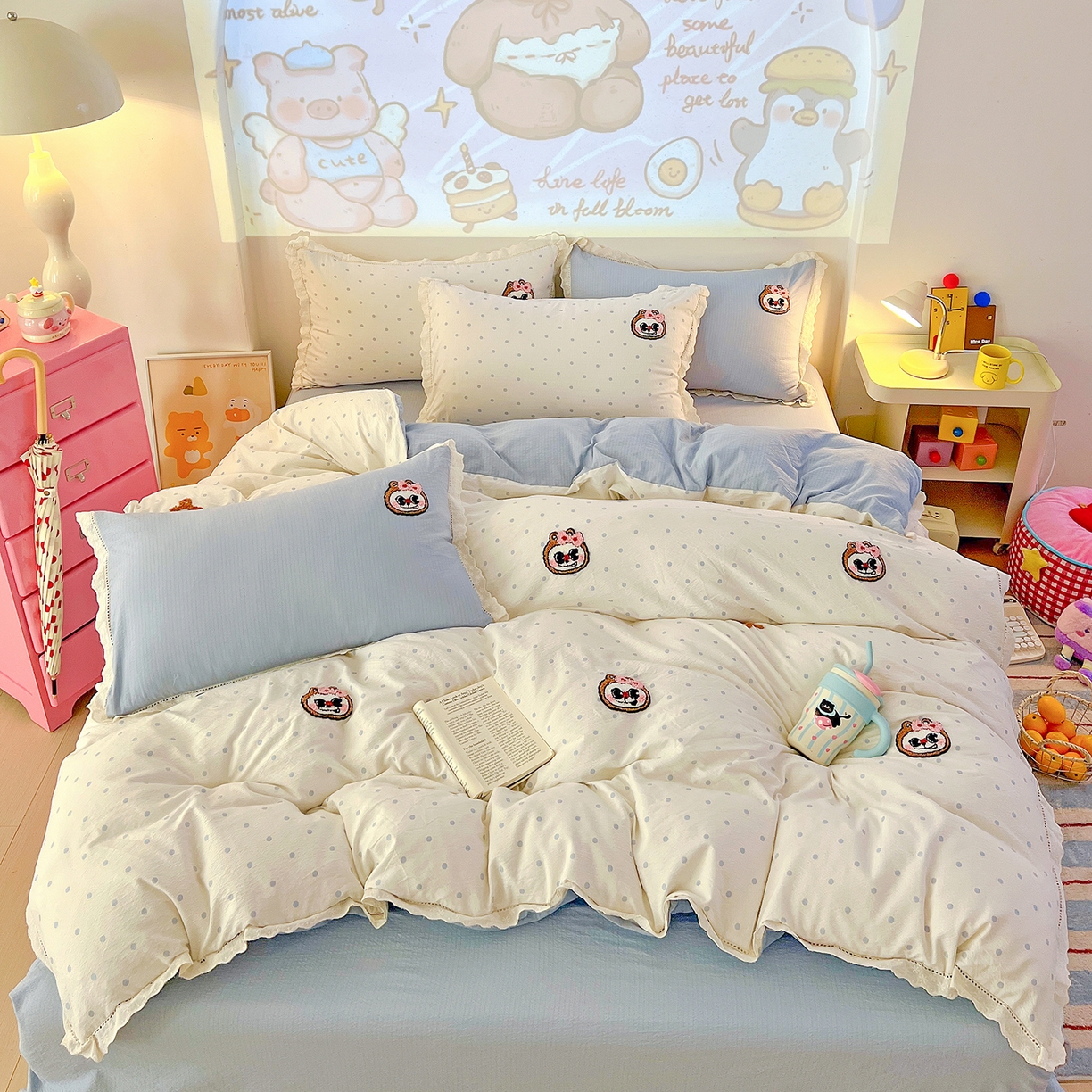 91家纺网 家纺一手货源 找家纺 （总）富米莱（原臻工厂）2025新款云感双层纱卡通毛巾绣全棉镂空花边四件套