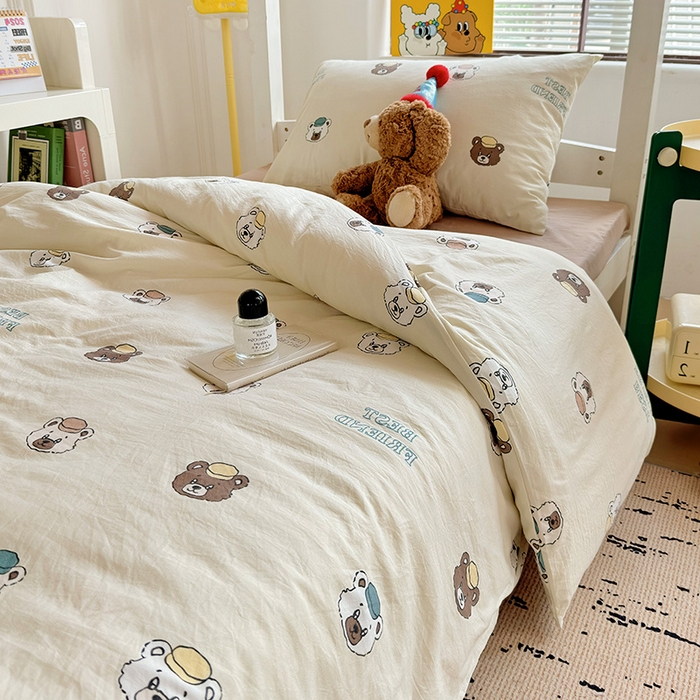 91家纺网 家纺一手货源 找家纺 海岛哥哥 2025新款云朵水洗棉学生床宿舍上下铺三件套 熊熊公仔