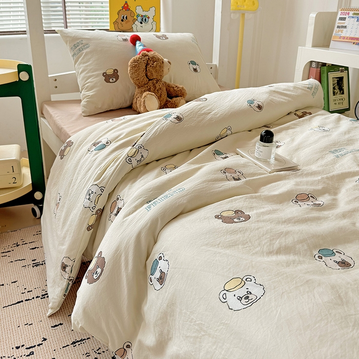 91家纺网 家纺一手货源 找家纺 海岛哥哥 2025新款云朵水洗棉学生床宿舍上下铺三件套 熊熊公仔