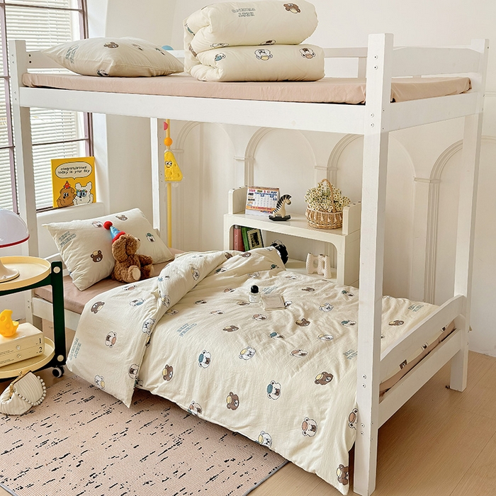 91家纺网 家纺一手货源 找家纺 海岛哥哥 2025新款云朵水洗棉学生床宿舍上下铺三件套 熊熊公仔