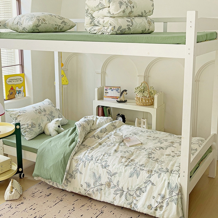 91家纺网 家纺一手货源 找家纺 海岛哥哥 2025新款云朵水洗棉学生床宿舍上下铺三件套 藤蔓