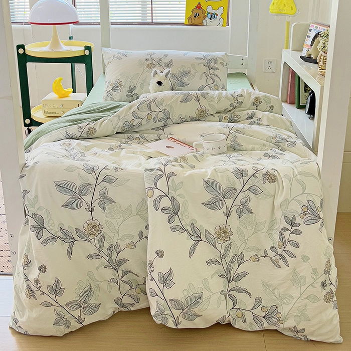 91家纺网 家纺一手货源 找家纺 海岛哥哥 2025新款云朵水洗棉学生床宿舍上下铺三件套 藤蔓