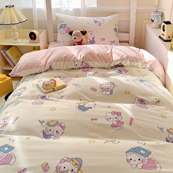 91家纺网 家纺一手货源 找家纺 海岛哥哥 2025新款云朵水洗棉学生床宿舍上下铺三件套 学习凯蒂