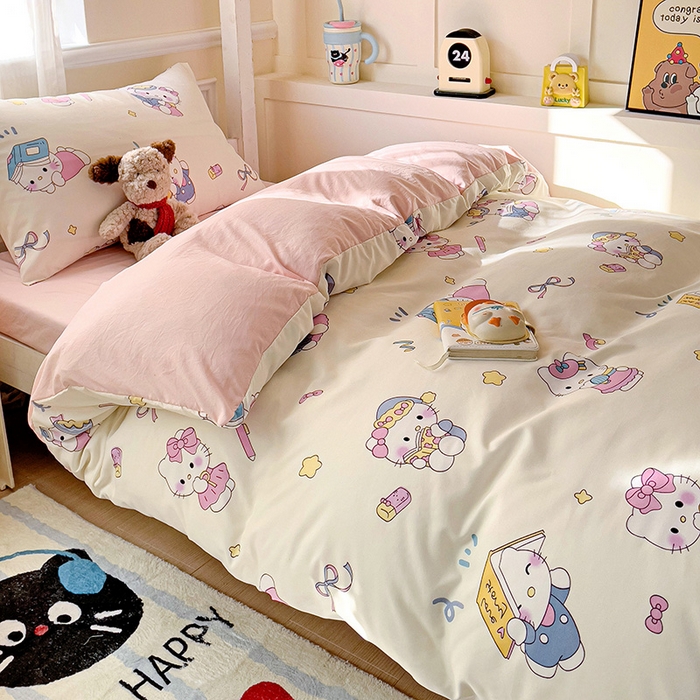 91家纺网 家纺一手货源 找家纺 海岛哥哥 2025新款云朵水洗棉学生床宿舍上下铺三件套 学习凯蒂