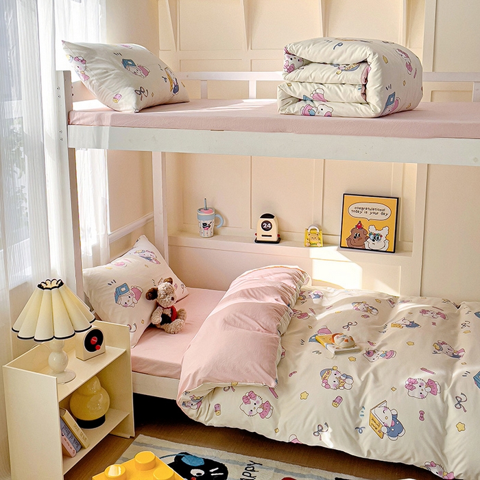 91家纺网 家纺一手货源 找家纺 海岛哥哥 2025新款云朵水洗棉学生床宿舍上下铺三件套 学习凯蒂