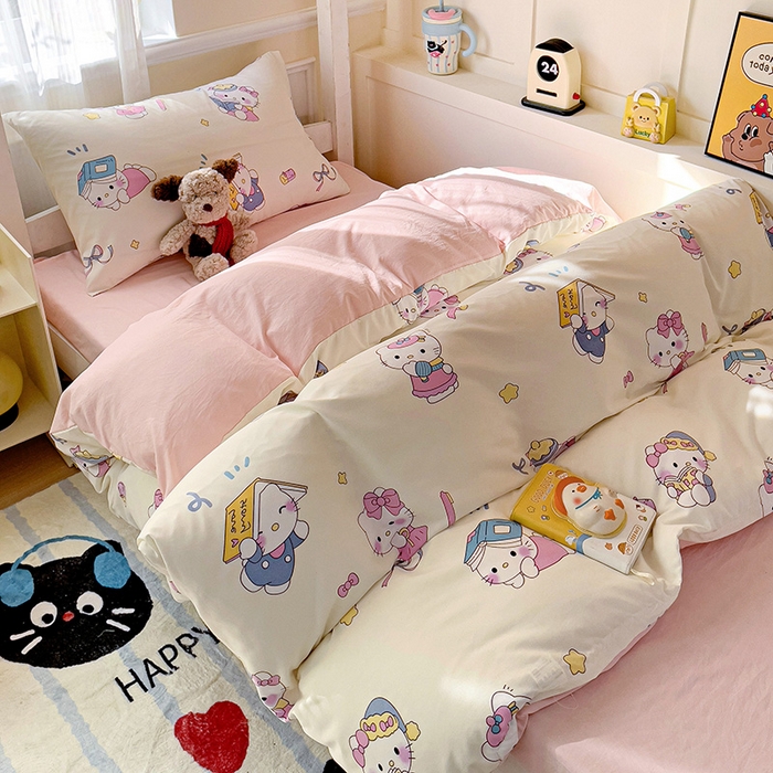 91家纺网 家纺一手货源 找家纺 海岛哥哥 2025新款云朵水洗棉学生床宿舍上下铺三件套 学习凯蒂