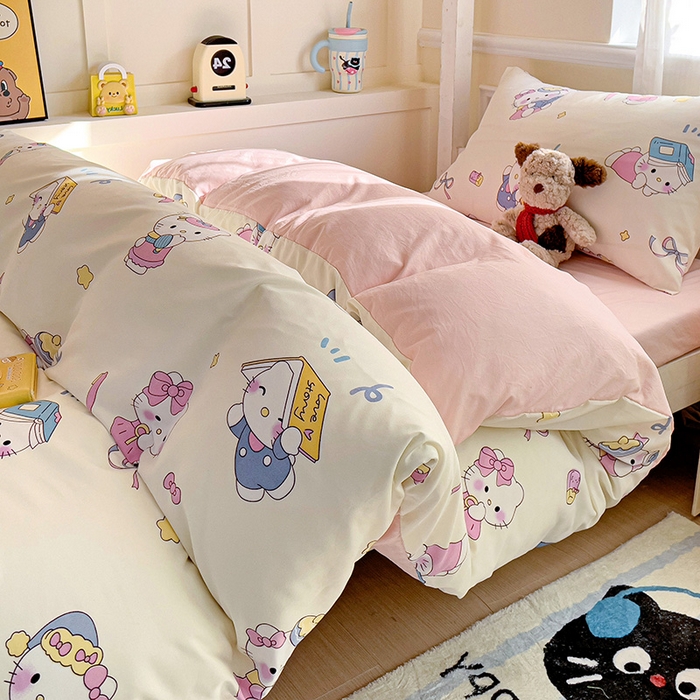 91家纺网 家纺一手货源 找家纺 海岛哥哥 2025新款云朵水洗棉学生床宿舍上下铺三件套 学习凯蒂