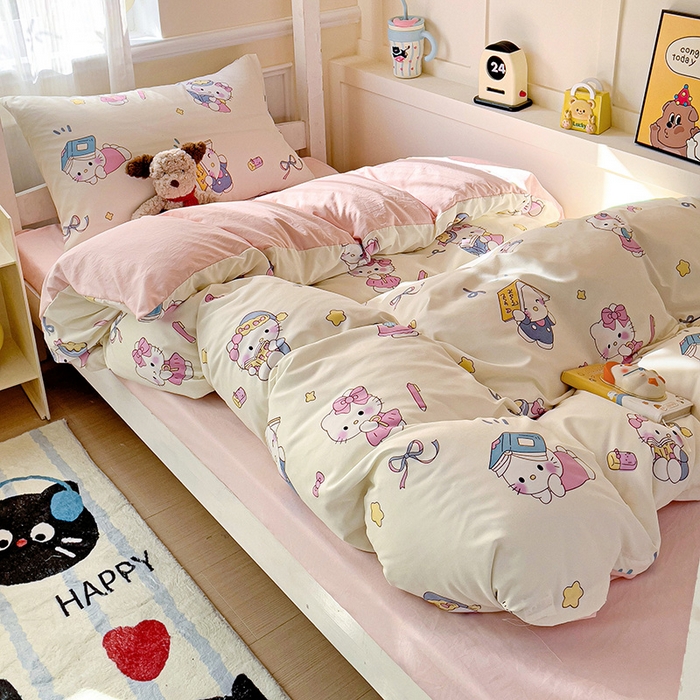 91家纺网 家纺一手货源 找家纺 海岛哥哥 2025新款云朵水洗棉学生床宿舍上下铺三件套 学习凯蒂