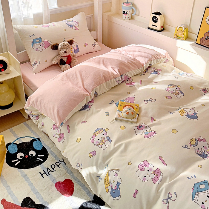 91家纺网 家纺一手货源 找家纺 海岛哥哥 2025新款云朵水洗棉学生床宿舍上下铺三件套 学习凯蒂