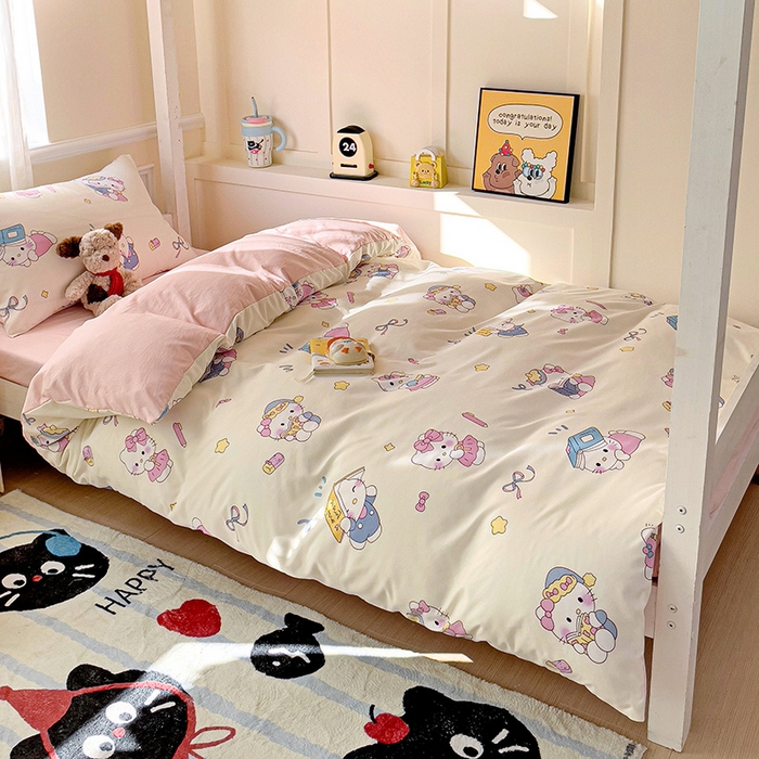 91家纺网 家纺一手货源 找家纺 海岛哥哥 2025新款云朵水洗棉学生床宿舍上下铺三件套 学习凯蒂