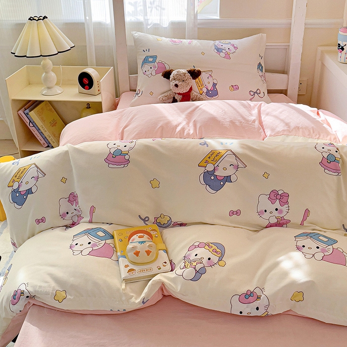 91家纺网 家纺一手货源 找家纺 海岛哥哥 2025新款云朵水洗棉学生床宿舍上下铺三件套 学习凯蒂