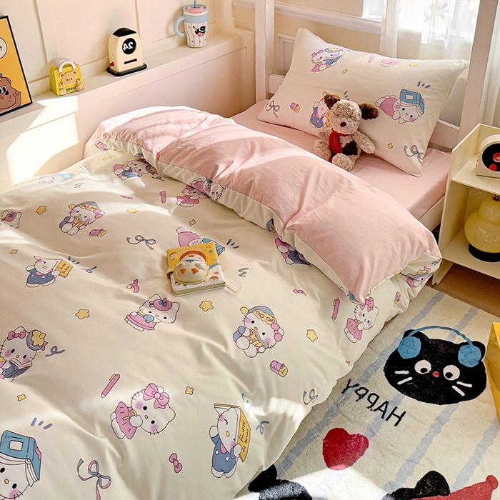 91家纺网 家纺一手货源 找家纺 海岛哥哥 2025新款云朵水洗棉学生床宿舍上下铺三件套 学习凯蒂