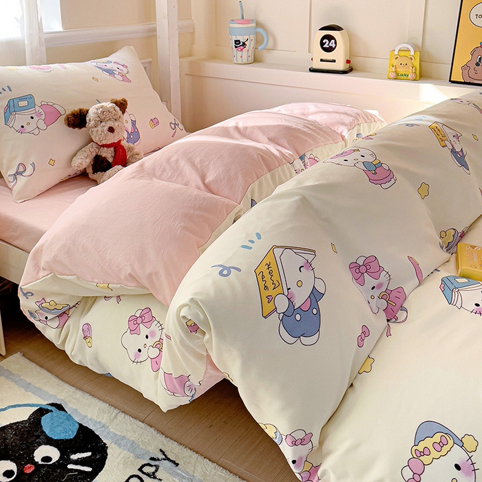 91家纺网 家纺一手货源 找家纺 海岛哥哥 2025新款云朵水洗棉学生床宿舍上下铺三件套 学习凯蒂