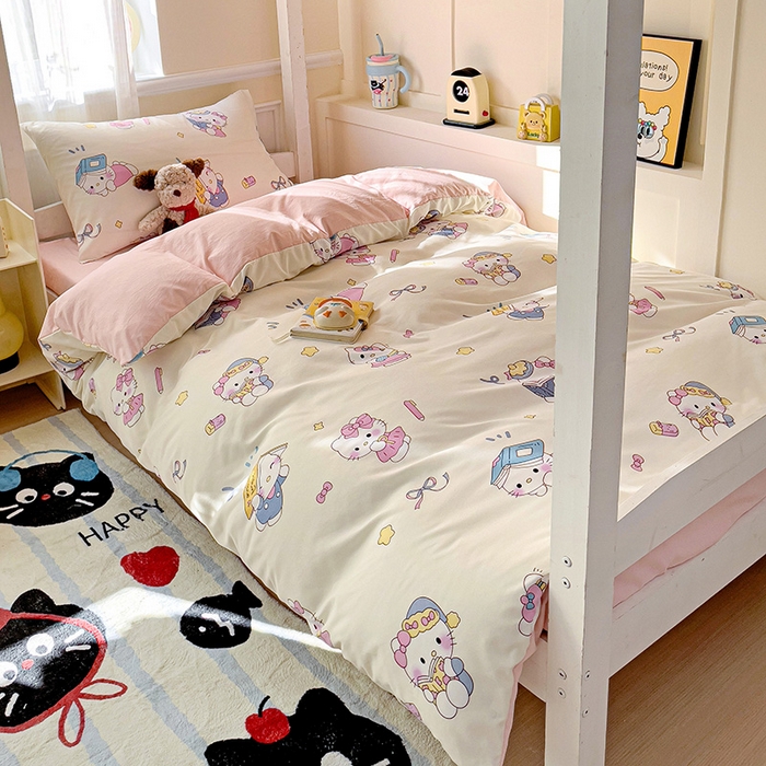 91家纺网 家纺一手货源 找家纺 海岛哥哥 2025新款云朵水洗棉学生床宿舍上下铺三件套 学习凯蒂