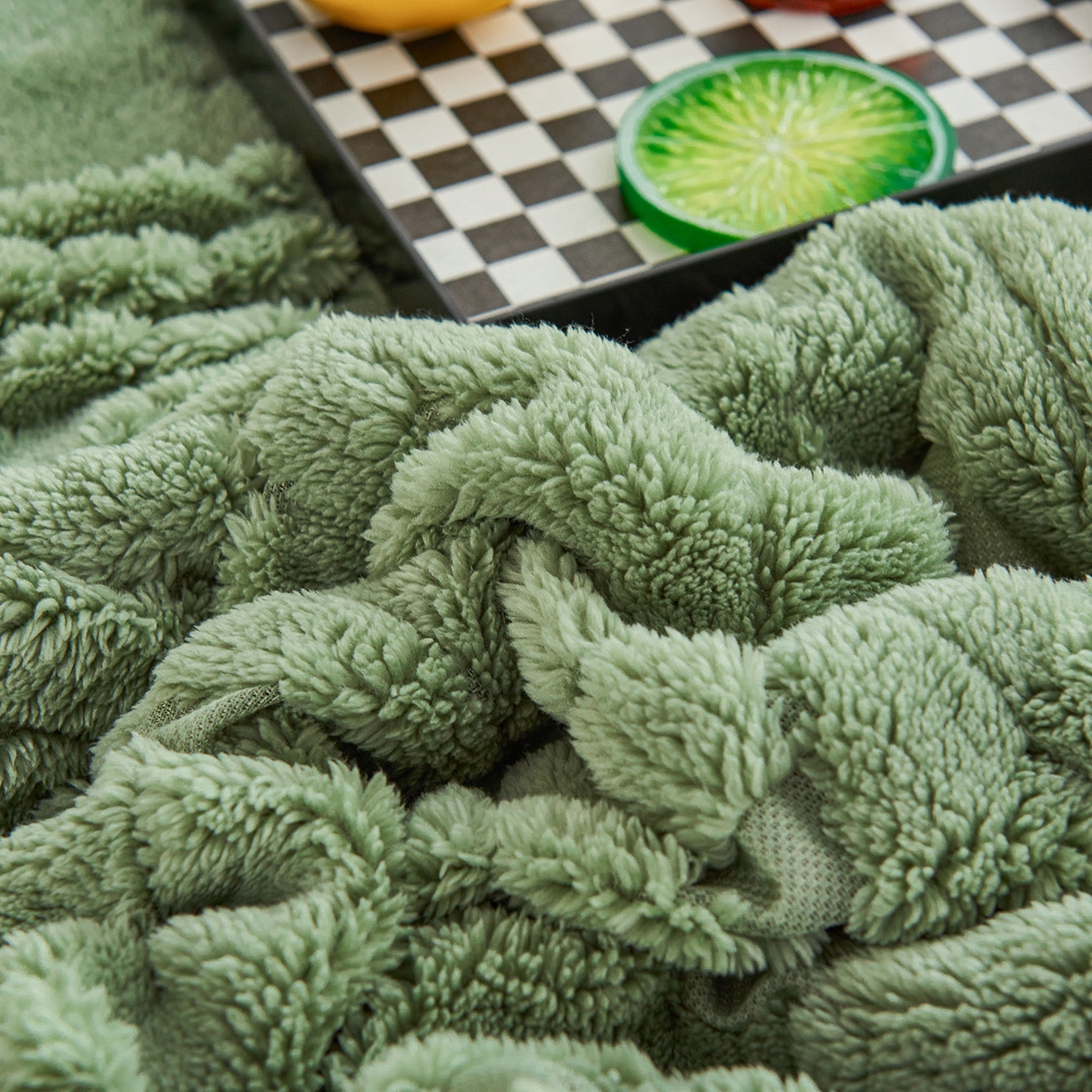 91家纺网 家纺一手货源 找家纺 缦纱 2025新款提花舒棉绒镂空塔芙绒羊羔绒双层毛毯跨境电商 韵律-果绿