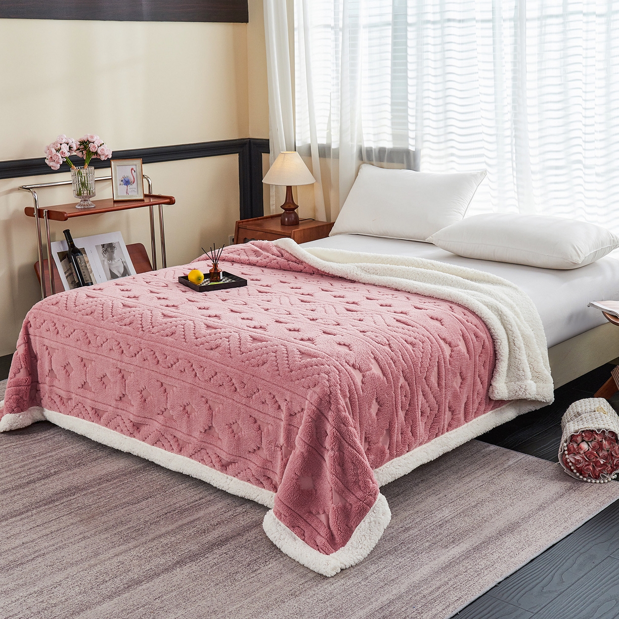 91家纺网 家纺一手货源 找家纺 缦纱 2025新款提花舒棉绒镂空塔芙绒羊羔绒双层毛毯跨境电商 韵律-豆沙