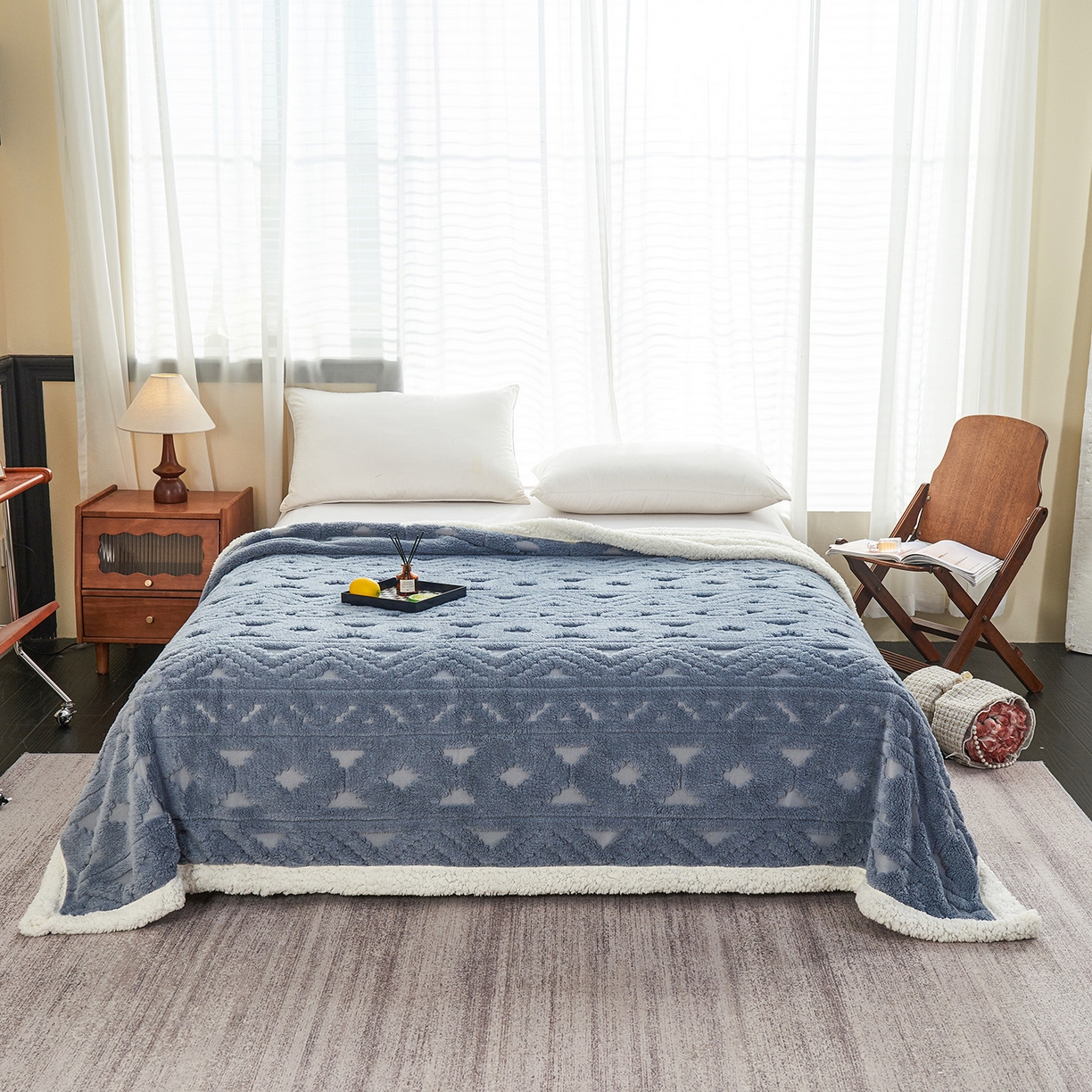 91家纺网 家纺一手货源 找家纺 缦纱 2025新款提花舒棉绒镂空塔芙绒羊羔绒双层毛毯跨境电商 韵律-雾蓝