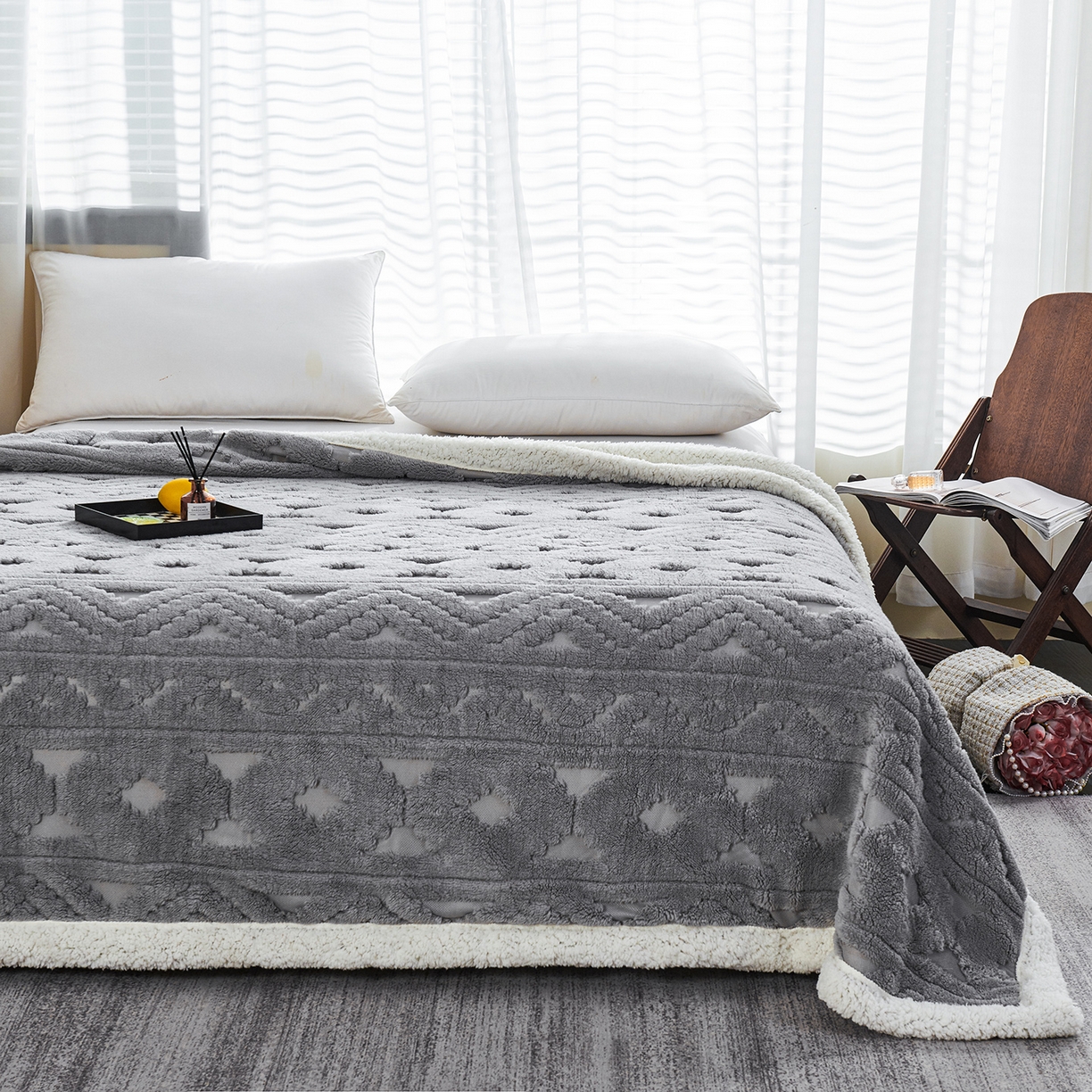 91家纺网 家纺一手货源 找家纺 缦纱 2025新款提花舒棉绒镂空塔芙绒羊羔绒双层毛毯跨境电商 韵律-浅灰