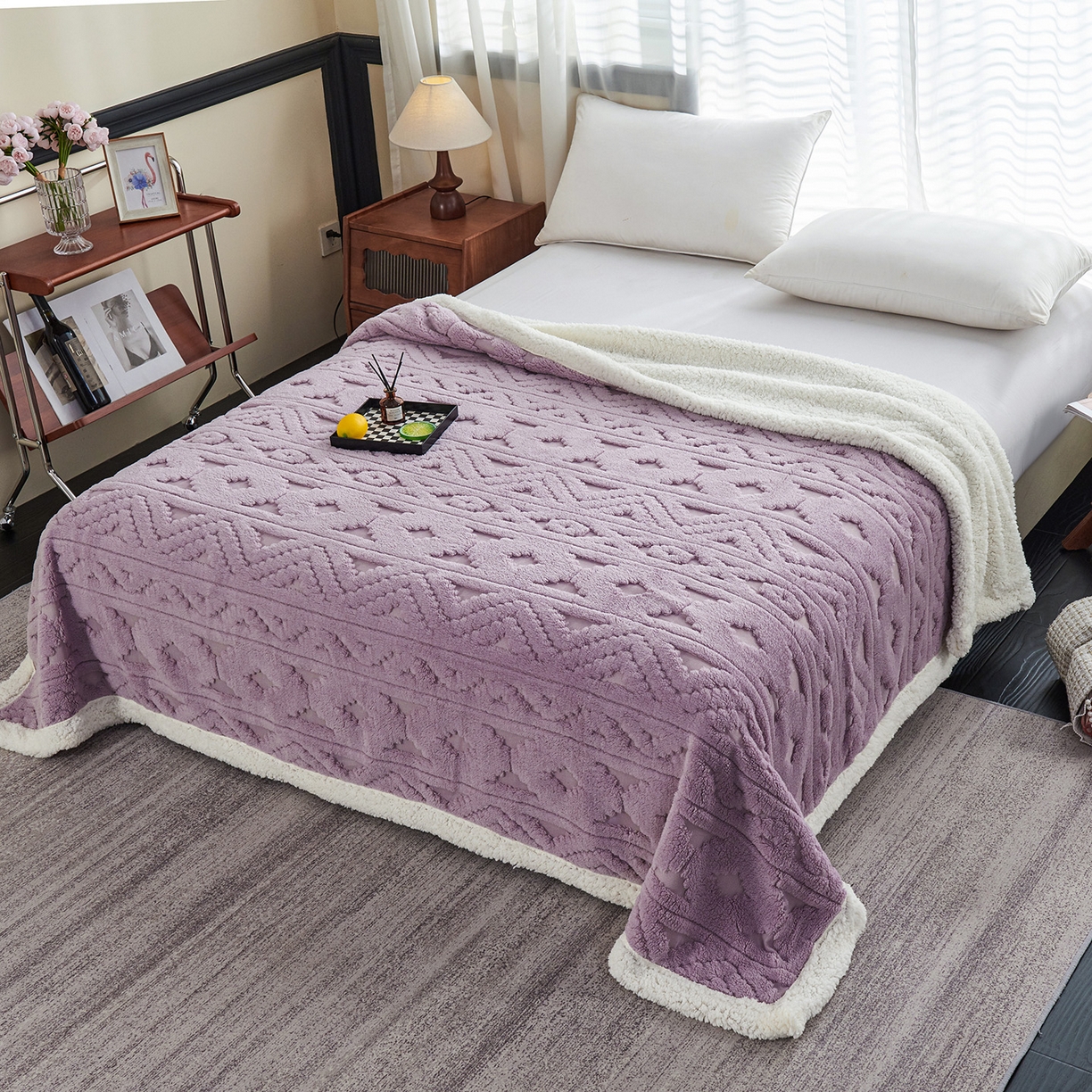 91家纺网 家纺一手货源 找家纺 缦纱 2025新款提花舒棉绒镂空塔芙绒羊羔绒双层毛毯跨境电商 韵律-香芋紫