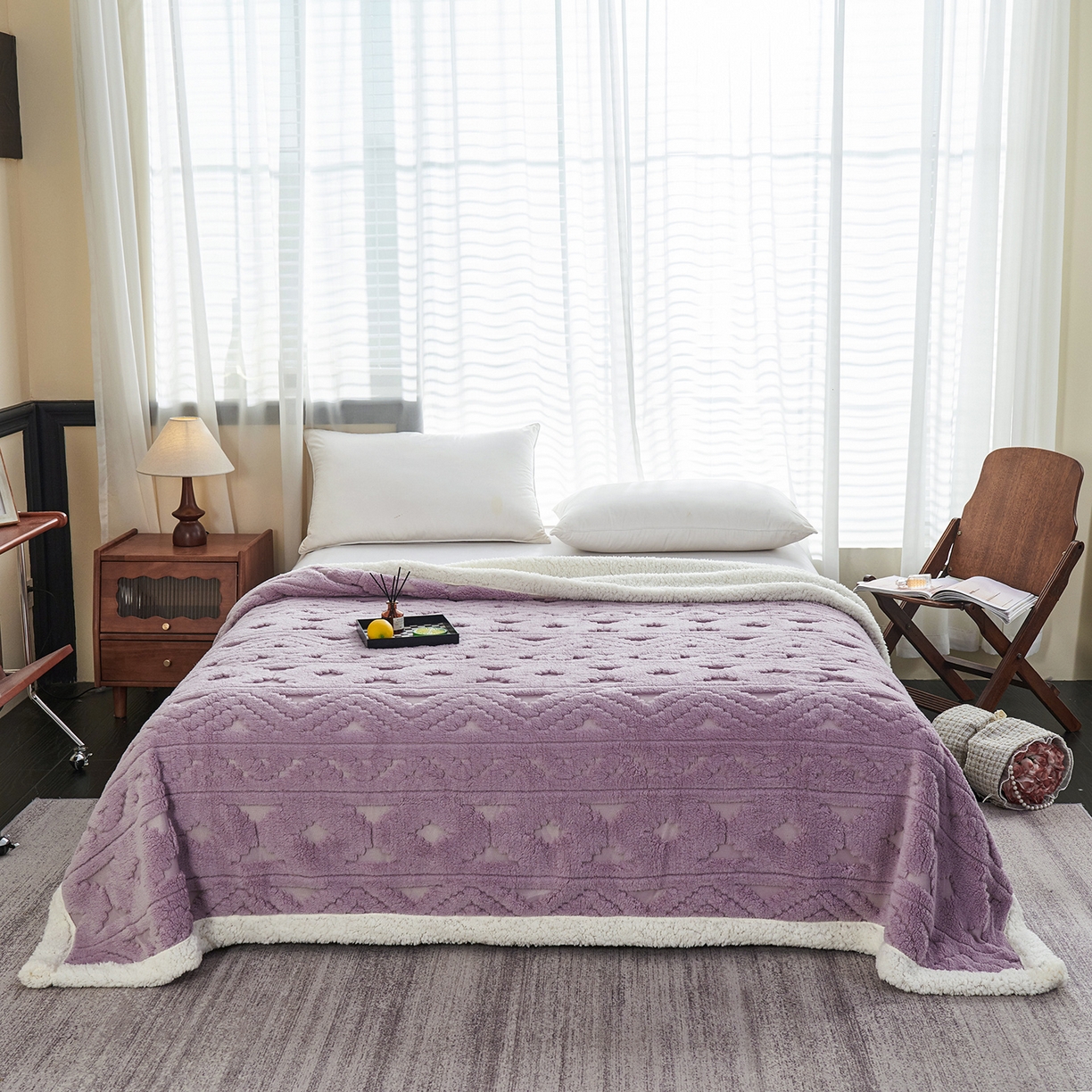 91家纺网 家纺一手货源 找家纺 缦纱 2025新款提花舒棉绒镂空塔芙绒羊羔绒双层毛毯跨境电商 韵律-香芋紫