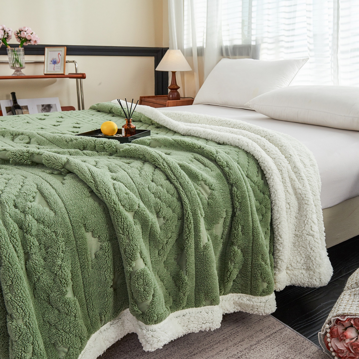 91家纺网 家纺一手货源 找家纺 缦纱 2025新款提花舒棉绒镂空塔芙绒羊羔绒双层毛毯跨境电商 韵律-果绿