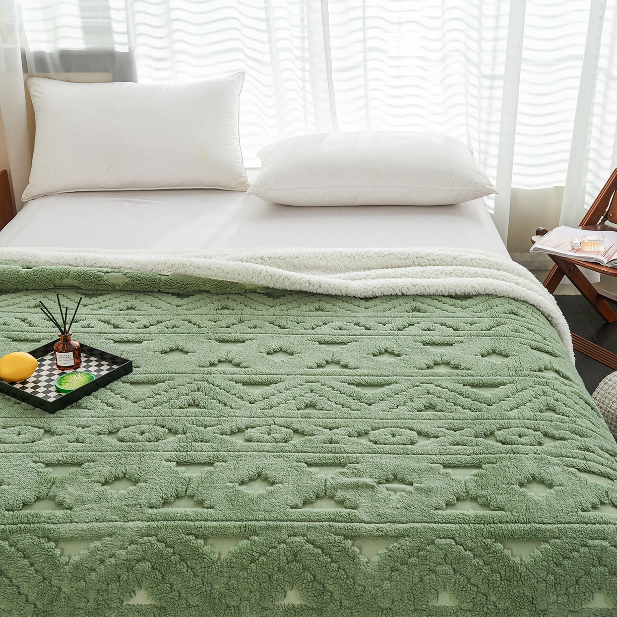91家纺网 家纺一手货源 找家纺 缦纱 2025新款提花舒棉绒镂空塔芙绒羊羔绒双层毛毯跨境电商 韵律-果绿