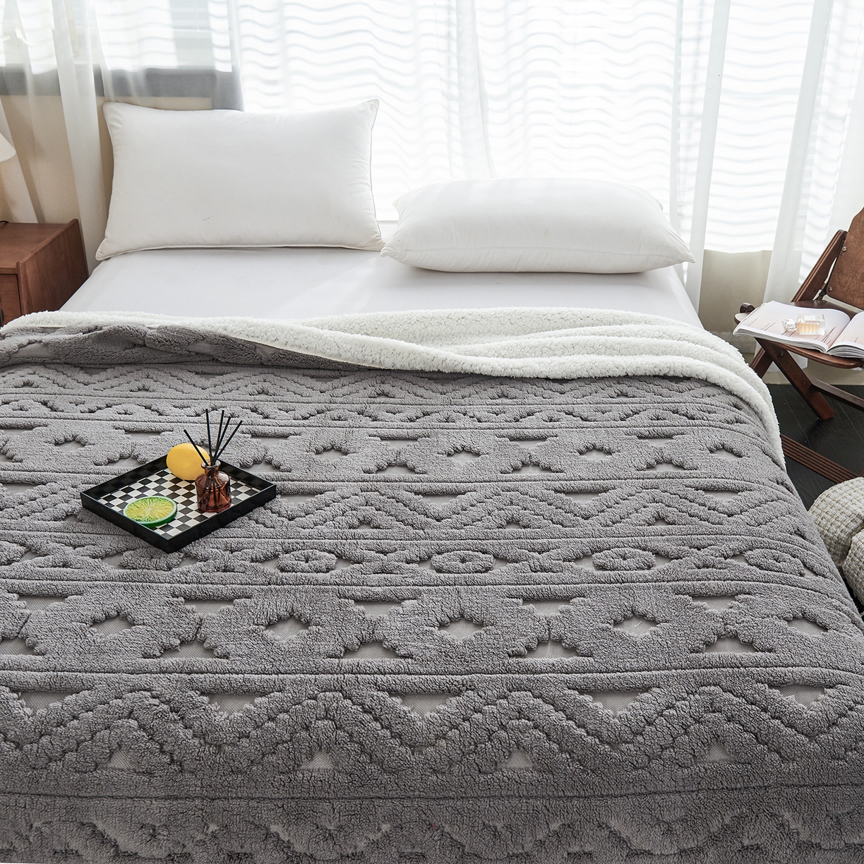 91家纺网 家纺一手货源 找家纺 缦纱 2025新款提花舒棉绒镂空塔芙绒羊羔绒双层毛毯跨境电商 韵律-深灰