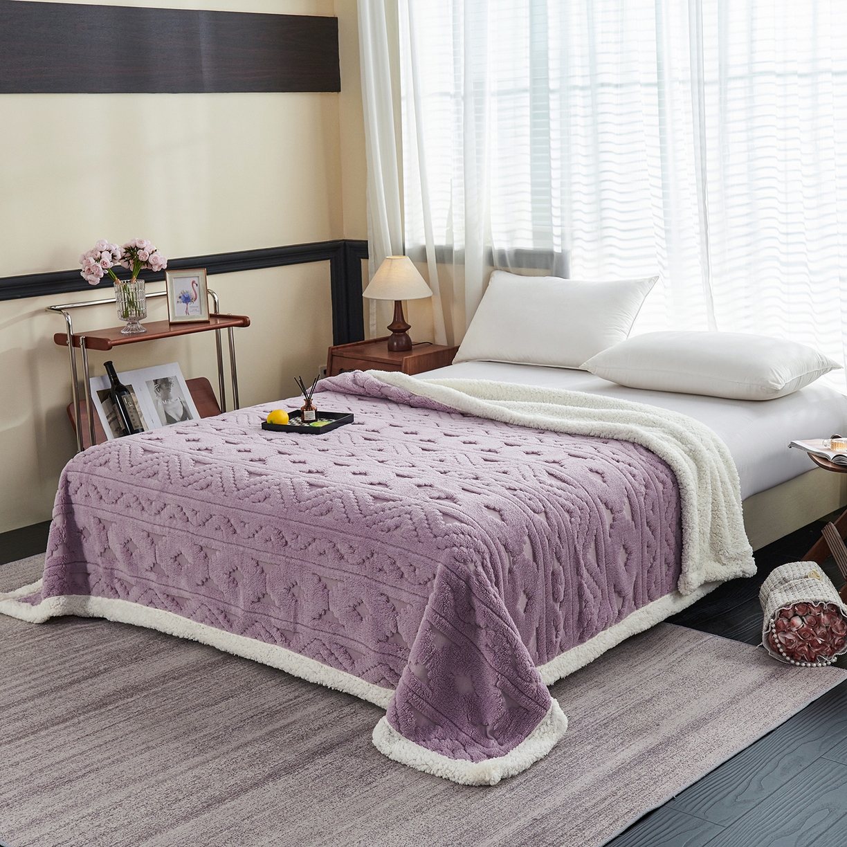 91家纺网 家纺一手货源 找家纺 缦纱 2025新款提花舒棉绒镂空塔芙绒羊羔绒双层毛毯跨境电商 韵律-香芋紫