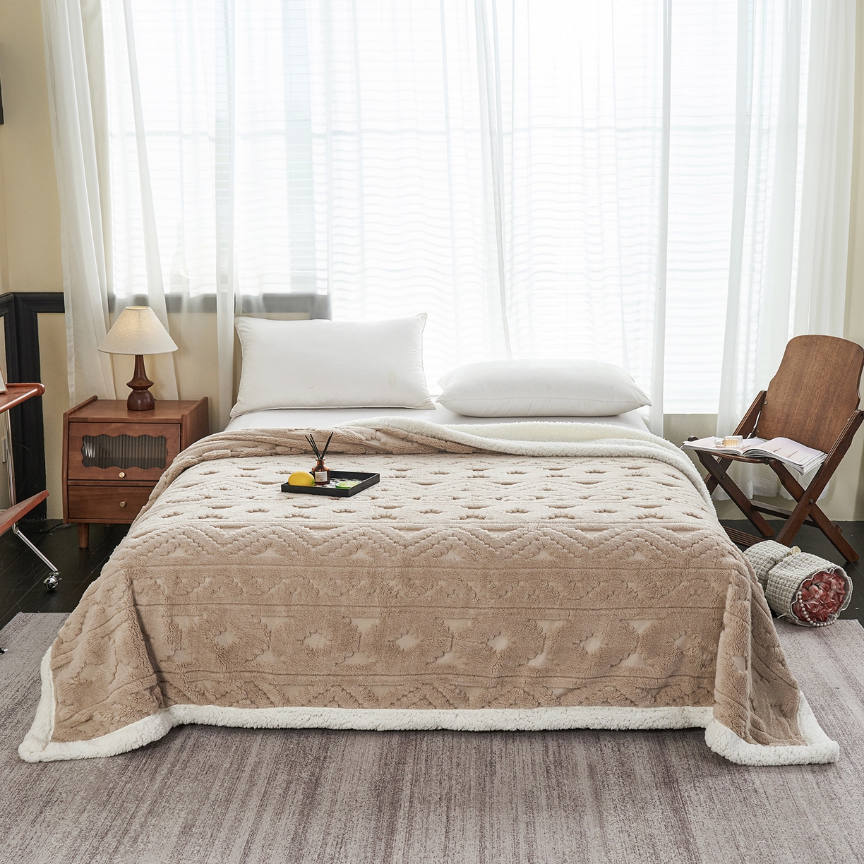 91家纺网 家纺一手货源 找家纺 缦纱 2025新款提花舒棉绒镂空塔芙绒羊羔绒双层毛毯跨境电商 韵律-米咖