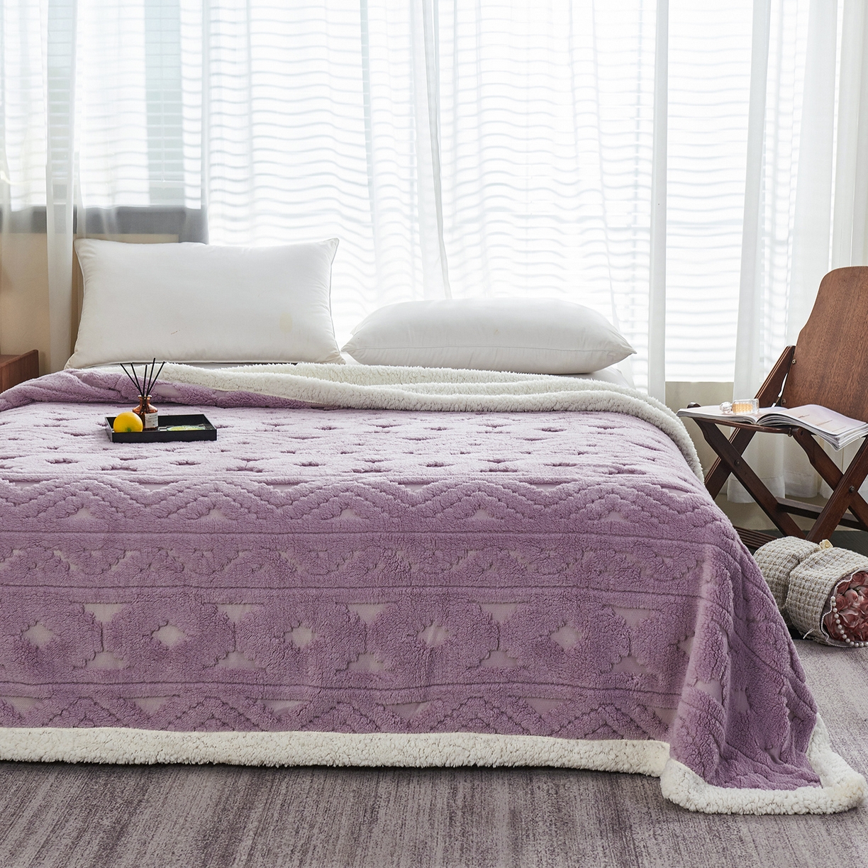 91家纺网 家纺一手货源 找家纺 缦纱 2025新款提花舒棉绒镂空塔芙绒羊羔绒双层毛毯跨境电商 韵律-香芋紫