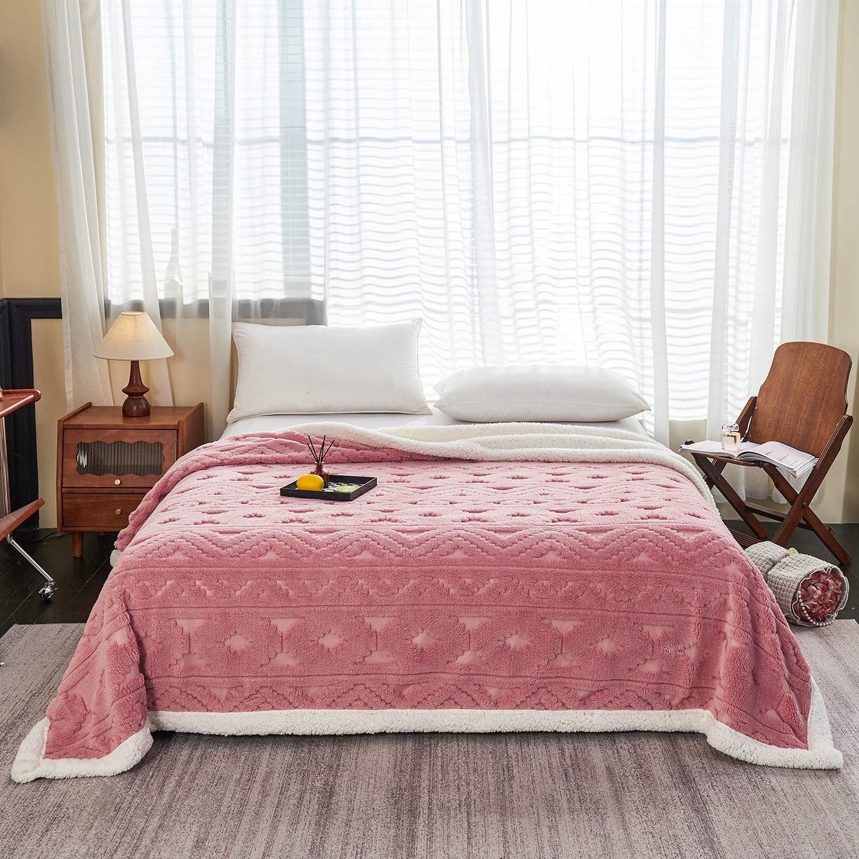 91家纺网 家纺一手货源 找家纺 缦纱 2025新款提花舒棉绒镂空塔芙绒羊羔绒双层毛毯跨境电商 韵律-豆沙