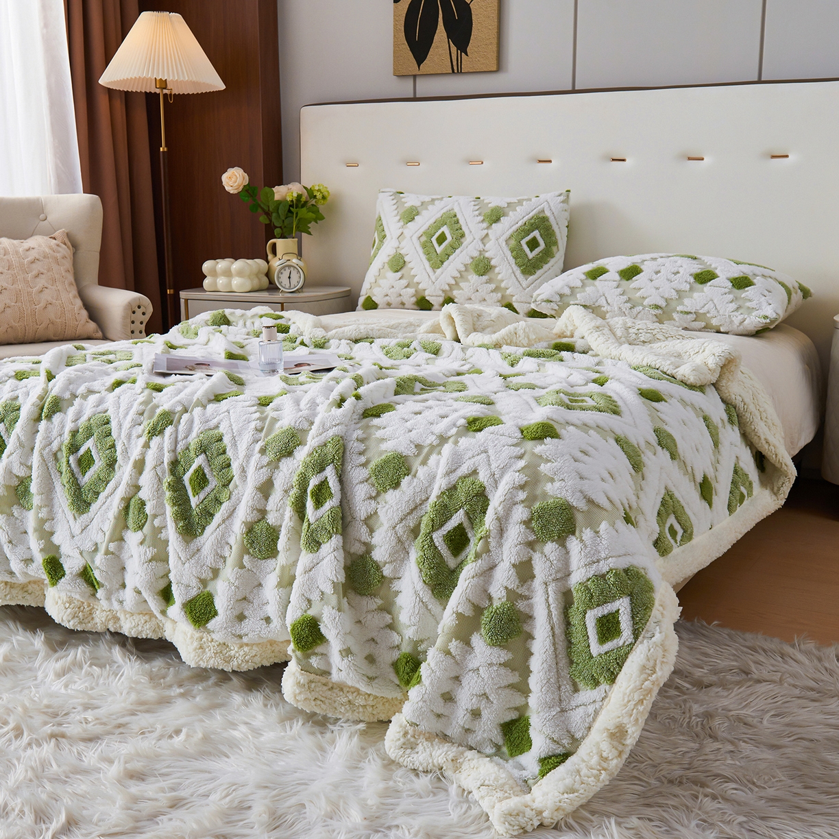 91家纺网 家纺一手货源 找家纺 缦纱 2025新款波西米亚阳离子提花镂空塔芙绒羊羔绒保暖午睡双层毛毯办公室盖毯 菱格-浅绿