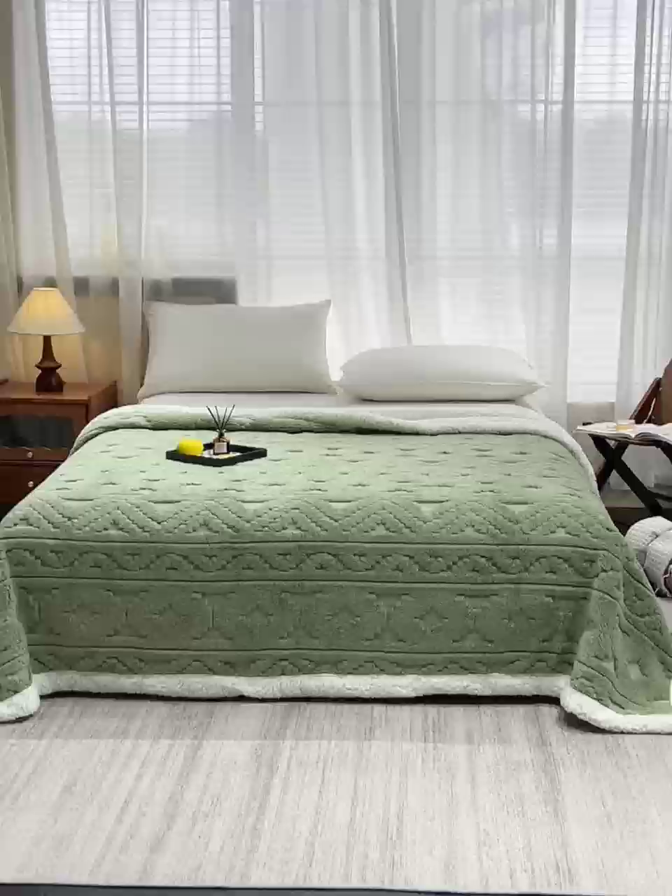 91家纺网 家纺一手货源 找家纺 缦纱 2025新款提花舒棉绒镂空塔芙绒羊羔绒双层毛毯跨境电商 韵律-果绿