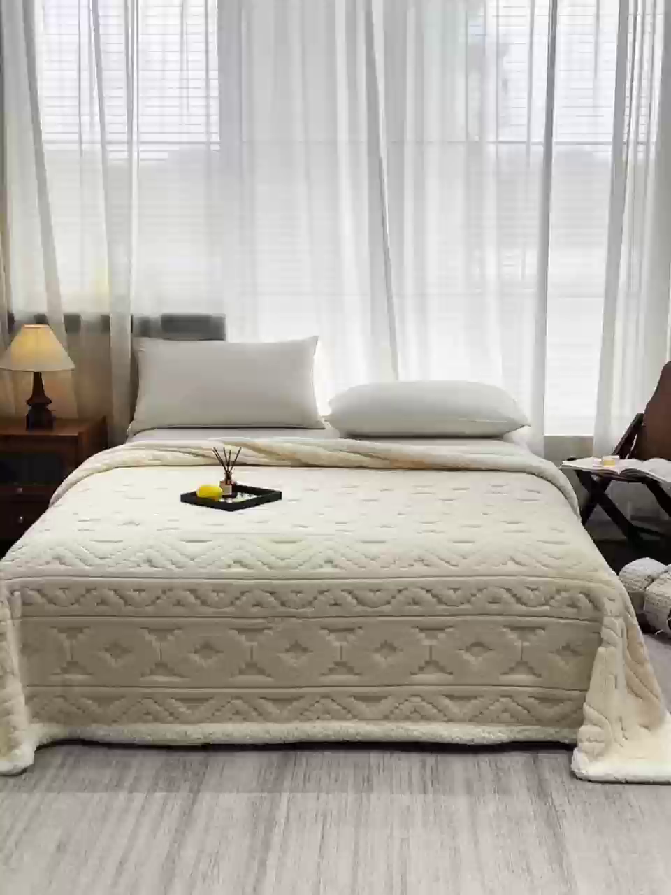 91家纺网 家纺一手货源 找家纺 缦纱 2025新款提花舒棉绒镂空塔芙绒羊羔绒双层毛毯跨境电商 韵律-米白