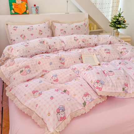 艾特你 2025新款云感双层纱镂空花边四件套 花边款-甜心喵咪