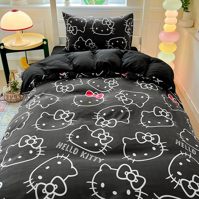 91家纺网 家纺一手货源 找家纺 海岛哥哥 2025新款A类云朵水洗棉三丽鸥正版授权四件套-学生床 三丽鸥-黑白KT