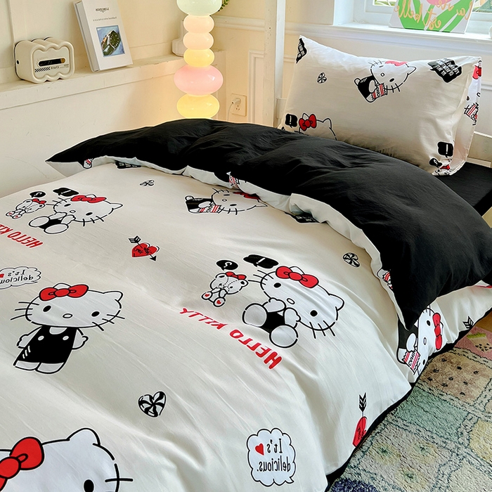 91家纺网 家纺一手货源 找家纺 海岛哥哥 2025新款A类云朵水洗棉三丽鸥正版授权四件套-学生床 三丽鸥-KT与小熊