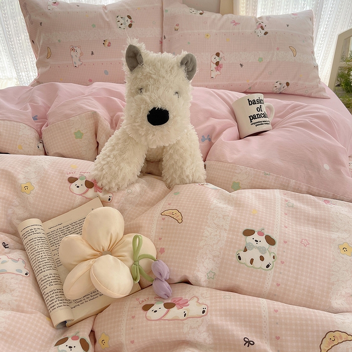 91家纺网 家纺一手货源 找家纺 瑞莱 2025新款开学季全棉纯棉萌趣印花四件套 蕾丝小狗