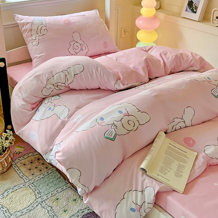 91家纺网 家纺一手货源 找家纺 海岛哥哥 2025新款A类云朵水洗棉三丽鸥正版授权四件套-学生床 三丽鸥-软萌玉桂狗粉