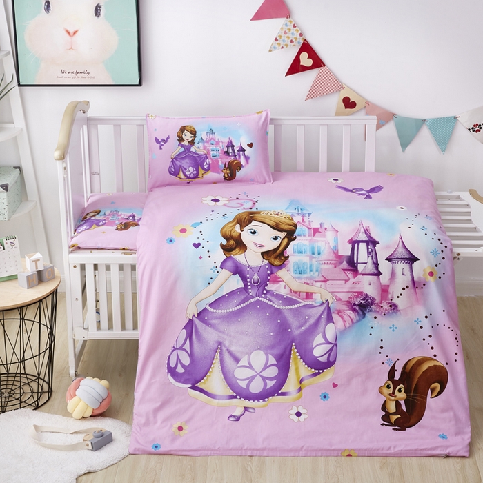 91家纺网 家纺一手货源 找家纺 2025新品全棉大版幼儿园三件套儿童被褥六件套宝宝午睡入园婴儿床床上用品 城堡苏菲亚